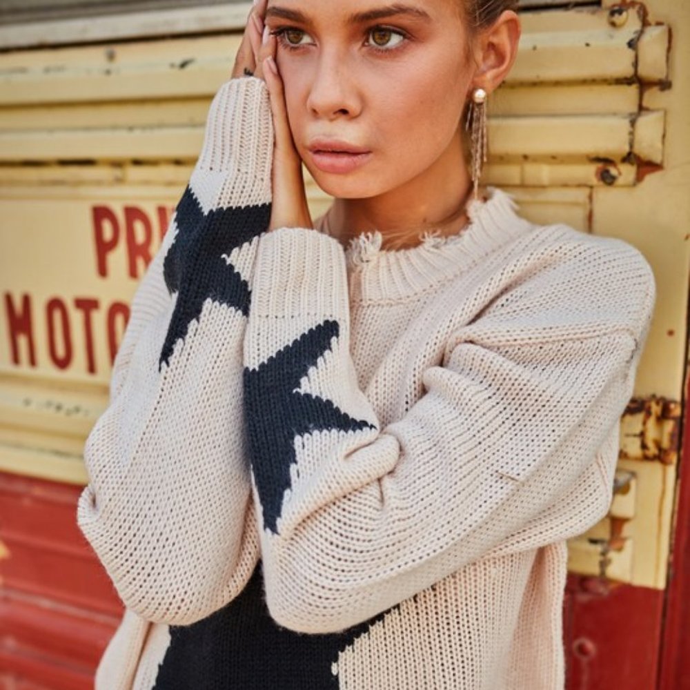 Starry Eyed Ivory Star Print Distressed Sweater - Picture 5 of 13